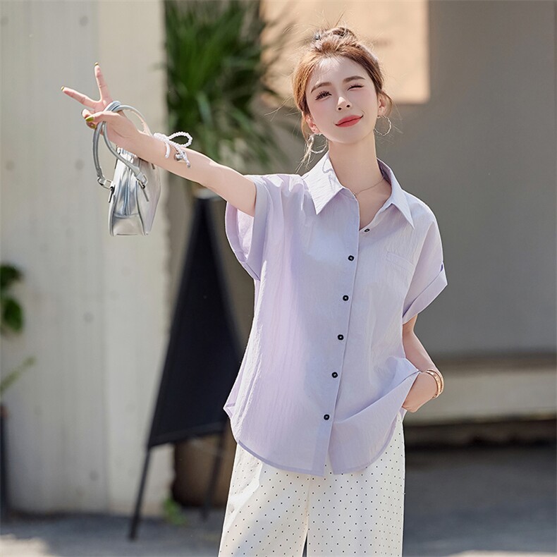 2025夏季新款韩系设计感百搭显瘦时尚翻领松紧系带短袖衬衫女上衣,女装套装/套裙,欧米莱