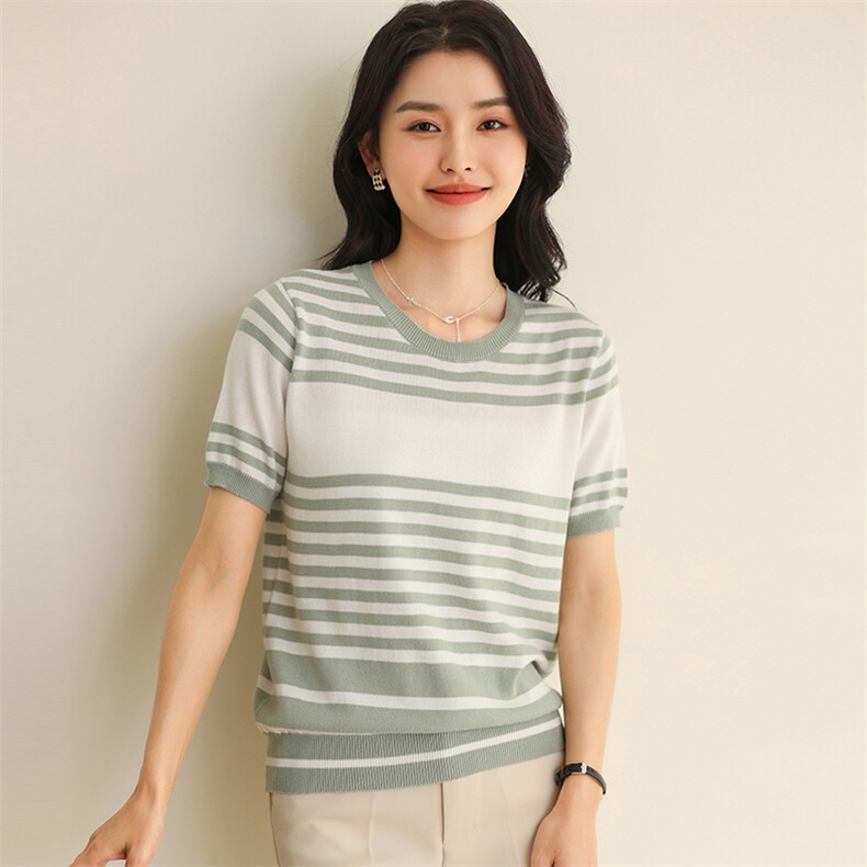 圆领条纹纯棉短袖针织衫女夏季韩版时尚休闲显瘦减龄T恤百搭上衣,女装T恤,伊绒腾羊绒