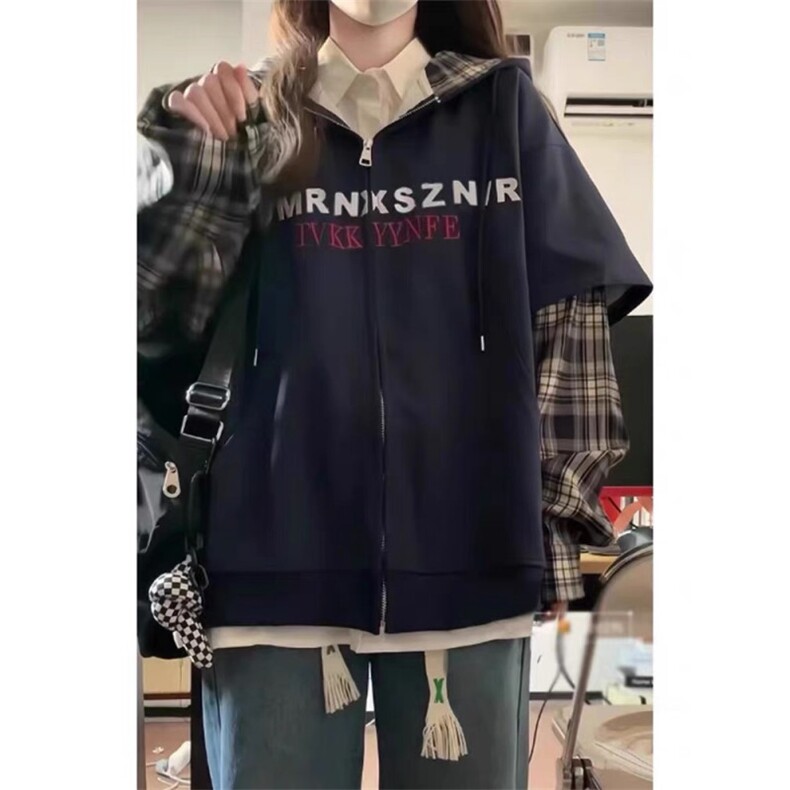 F241014-P85美式大码假两件拼接格子连帽拉链卫衣设计感潮外套,女装短外套,星座617A-2
