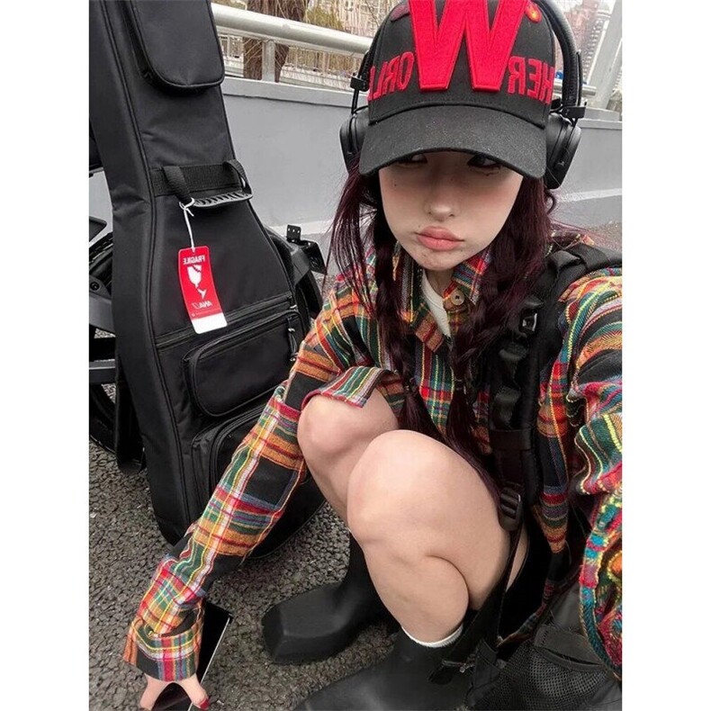 美式复古拼色格子衬衫男女春秋格子polo领长袖衬衫外套女CY31,男装衬衫,星座1116A（原606A-3）