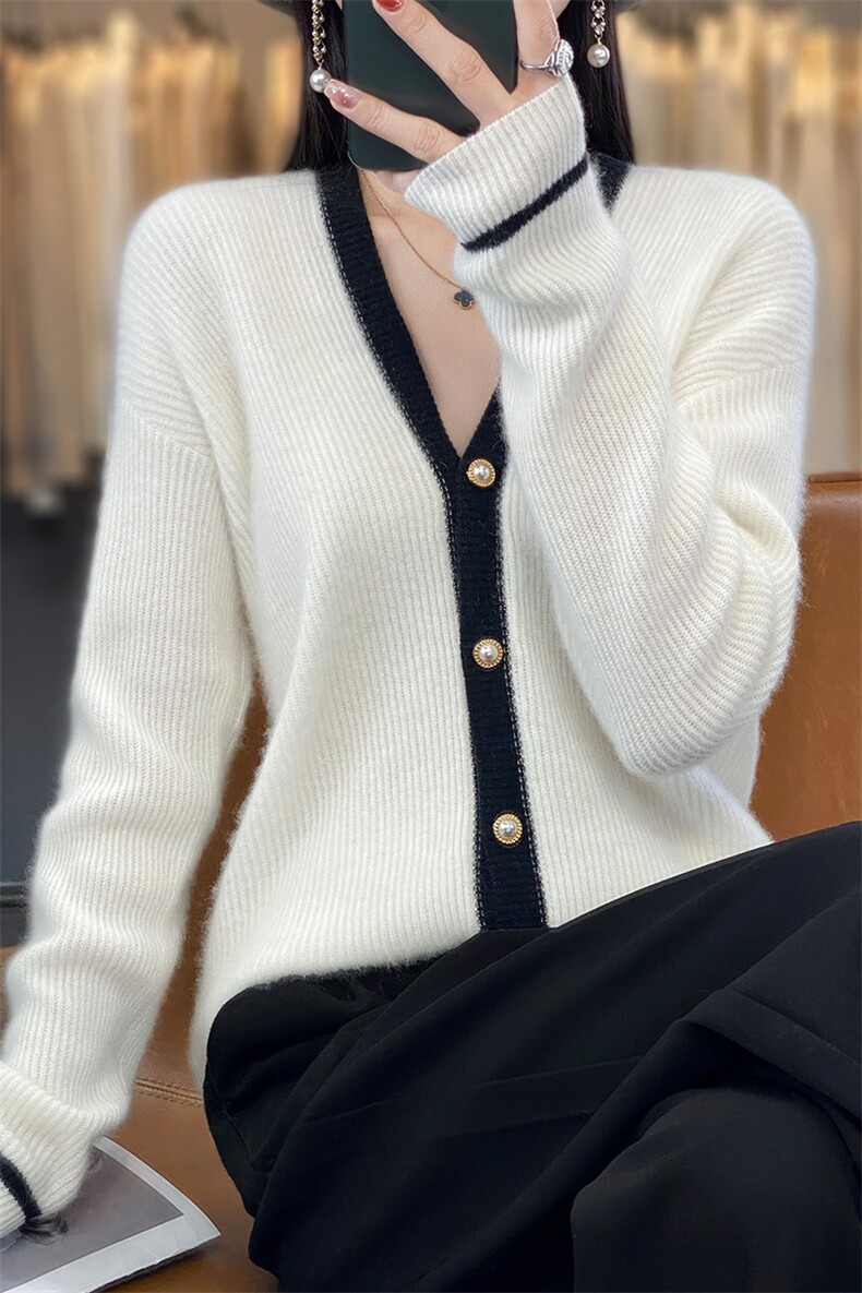 2024秋冬新款V领羊毛衫女士宽松显瘦拼色开衫外套毛衣上衣,女装羊毛衫,秋虹羊绒