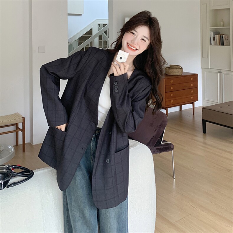 灰色V领格纹西装外套女2025春季新款高级感韩系休闲减龄小西服潮图片