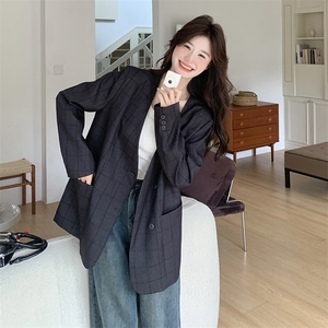 灰色V领格纹西装外套女2025春季新款高级感韩系休闲减龄小西服潮图片