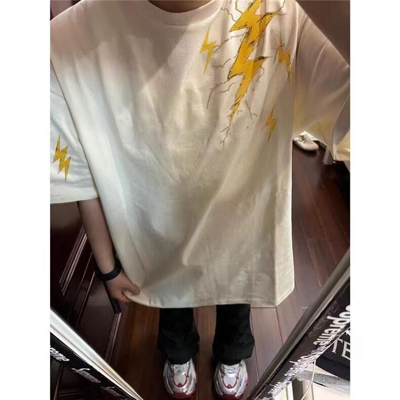 纯棉夏季男士美式高街重磅宽松闪电百搭印花短袖潮牌T恤上衣半袖,男装T恤,四季星座505