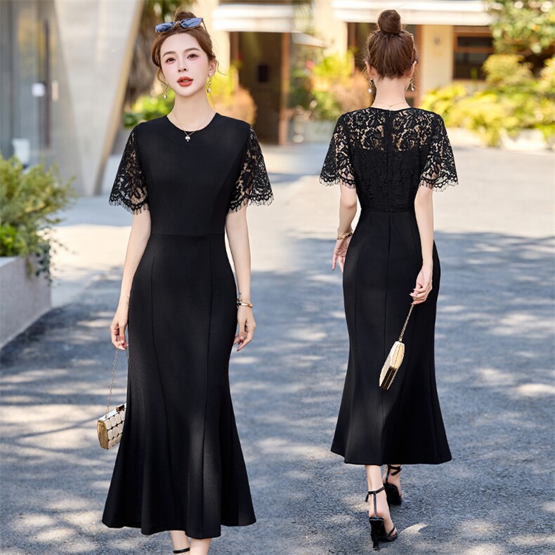 法式蕾丝拼接连衣裙女2025年夏装新款气质名媛修身黑色包臀鱼尾裙，女装连衣裙，布芭啦