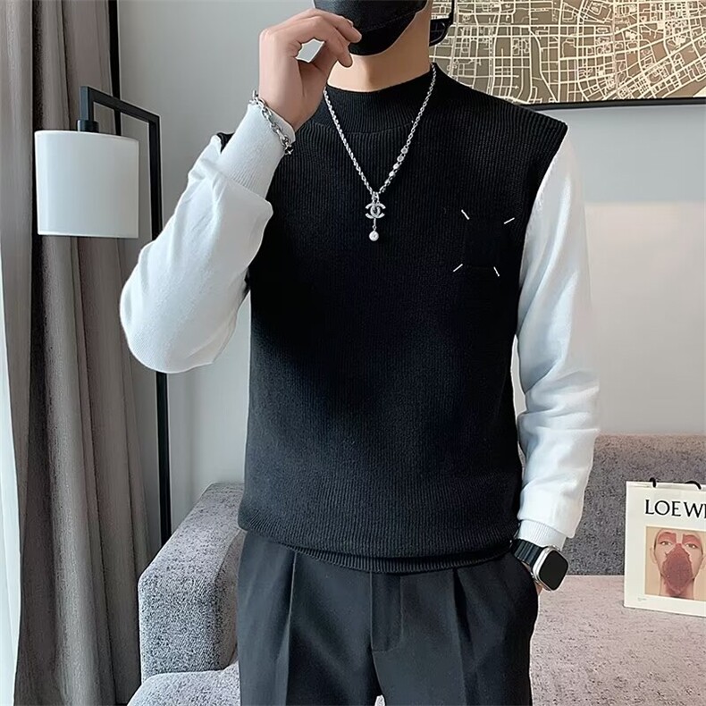 假两件毛衣男圆领修身撞色针织打底衫秋冬季男装潮休闲上衣 S585图片