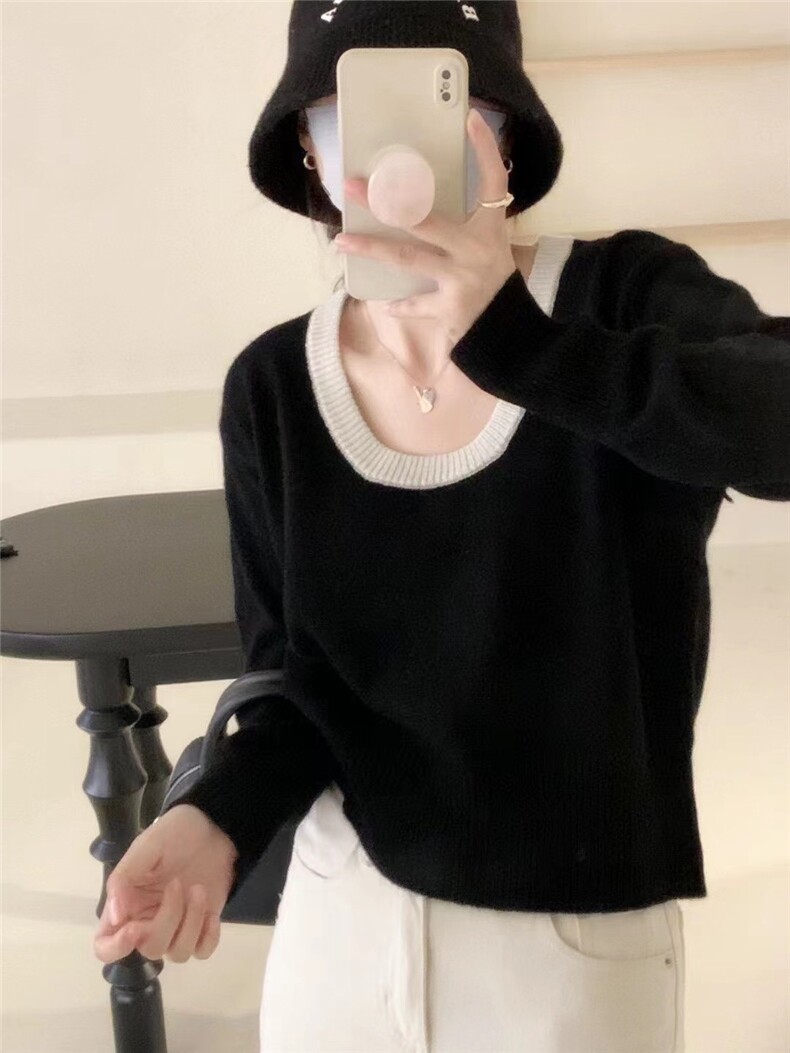 高端软糯山羊绒衫女圆领秋冬款加厚慵懒风针织衫拼色大码打底毛衣,女装羊毛衫,圣旺供货