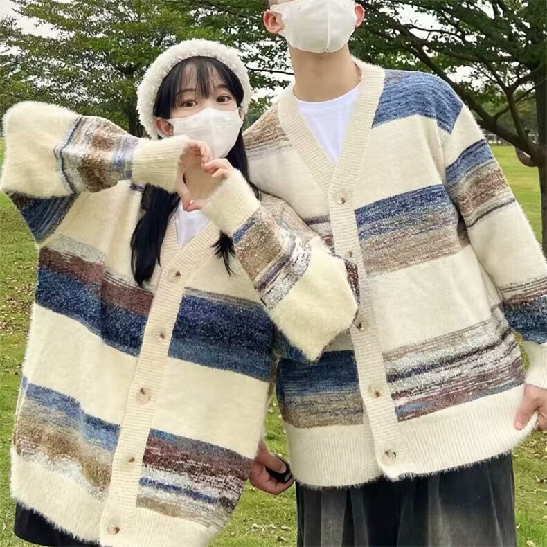软糯条纹毛衣日系开衫针织男女上衣情侣长袖冬季渐变色潮MY3153图片