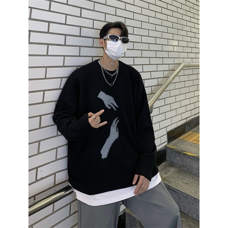 美式复古朋克摇滚印花圆领毛衣男秋冬款高街针织衫情侣潮MY49p60,男装针织衫/毛衣,电商D256-3(原A064-3)