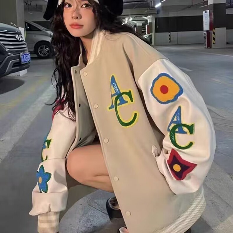 美式休闲彩虹碎花系列毛巾绣植绒夹克杏色单排扣棒球服外套,女装卫衣/绒衫,星座218-8