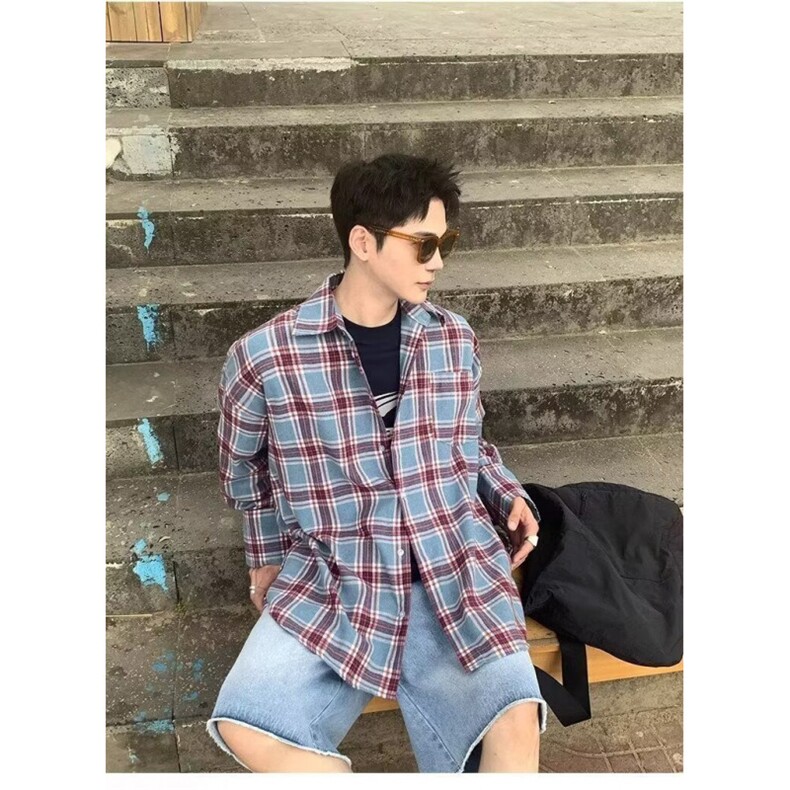 格子衬衫男女早春季上衣设计感小众高级感法式别致长袖衬衣,男装衬衫,星座410-6（原星座1304-1）