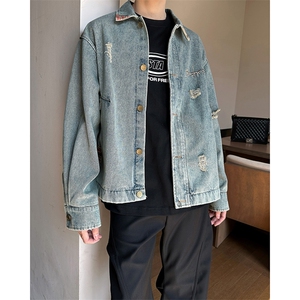 美式做旧水洗撞色牛仔外套男女设计感复古宽松夹克JK08222-P78图片