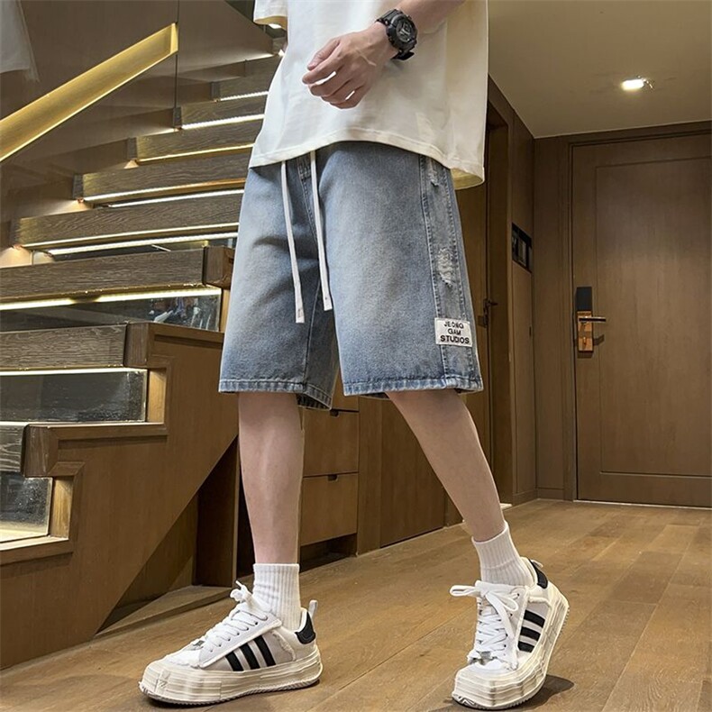 破洞美式牛仔短裤男士潮牌2025夏季薄款宽松半截水洗复古五分中裤,男装牛仔裤,四季星座505