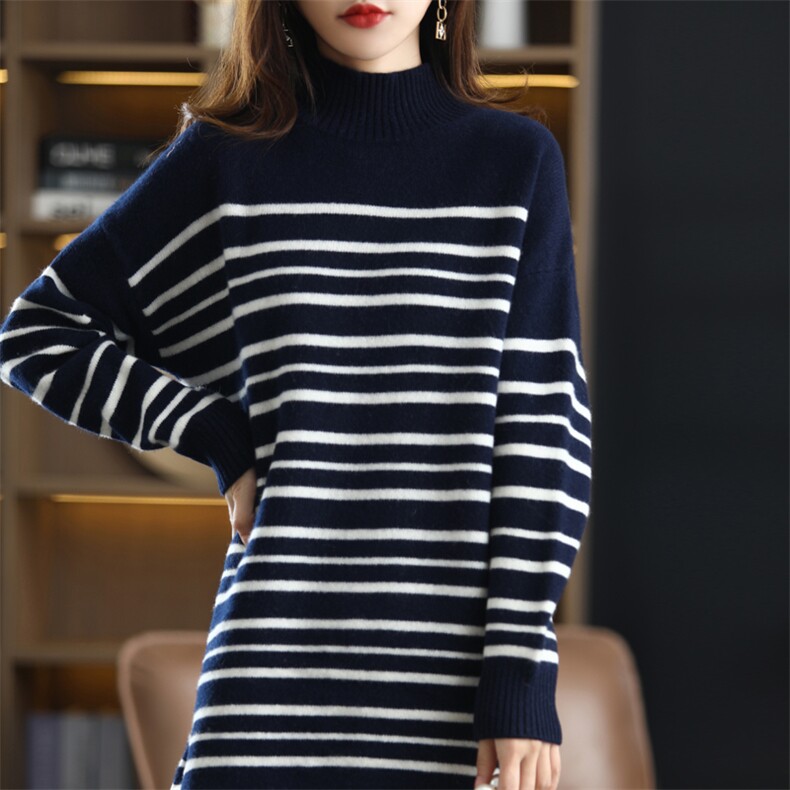2024秋季新款中长款长袖条纹羊毛套头衫休闲百搭，女装羊毛衫，美雪羊绒