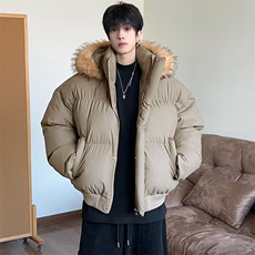 现货三防重磅硬挺boxy短款羽绒棉衣座山雕大毛毛领PU皮棉服外套冬，男装棉衣，电商A443