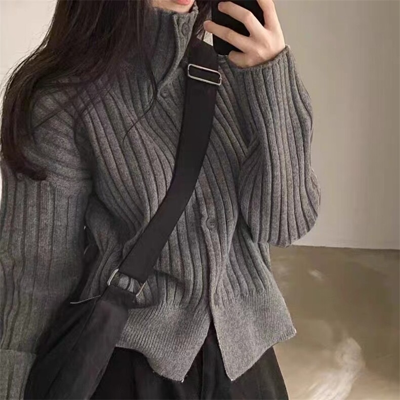 时尚百搭宽松显瘦坑条高领羊毛开衫女秋冬新款韩版慵懒风针织衫,女装羊毛衫,泰沅羊绒