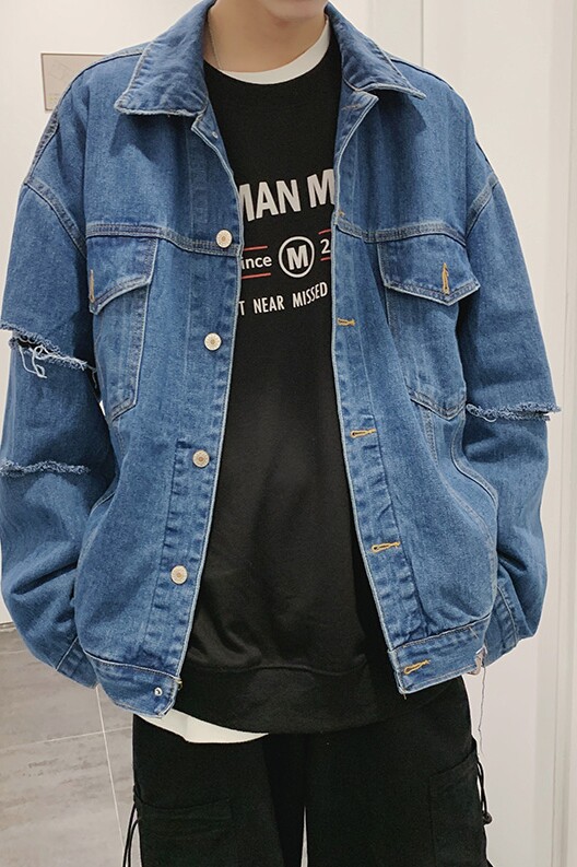 早春破洞外套in港风牛仔夹克宽松韩版百搭上衣D309-2Y,男装夹克,电商D321A
