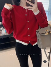 时尚女士秋冬纯毛假两件羊毛开衫显瘦百搭红色针织外套，女装羊毛衫，梵泰羊绒