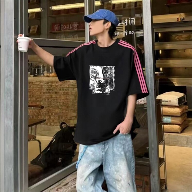 抖音得物品质二开240克宽松纯棉美式潮牌印花三条杠中性风短袖T恤,男装T恤,电商A486