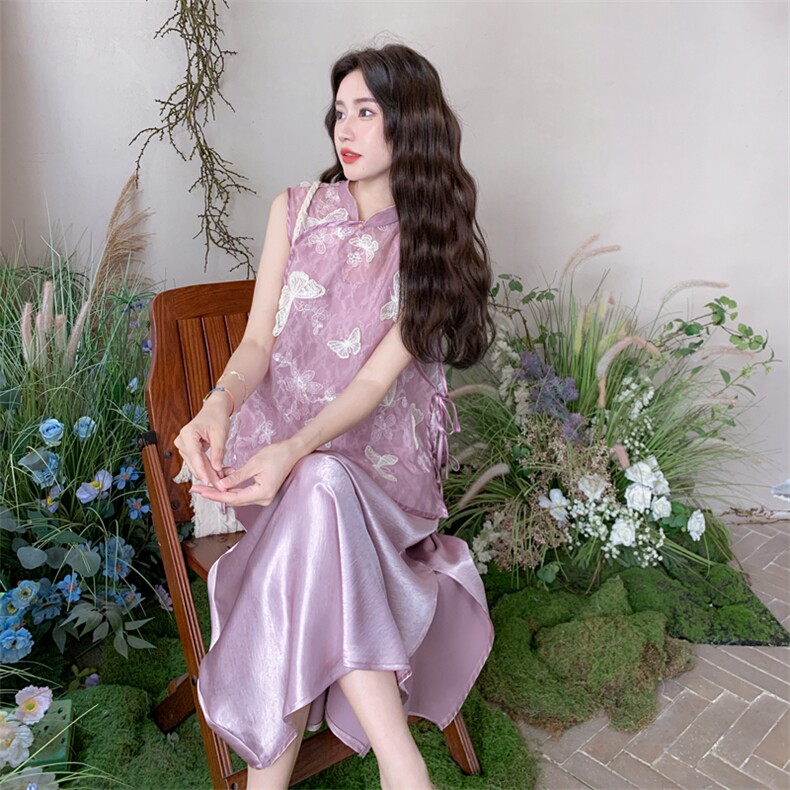紫色新中式国风套装女2025夏新款超好看蝴蝶印花上衣吊带裙两件套,女装套装/套裙,2C266