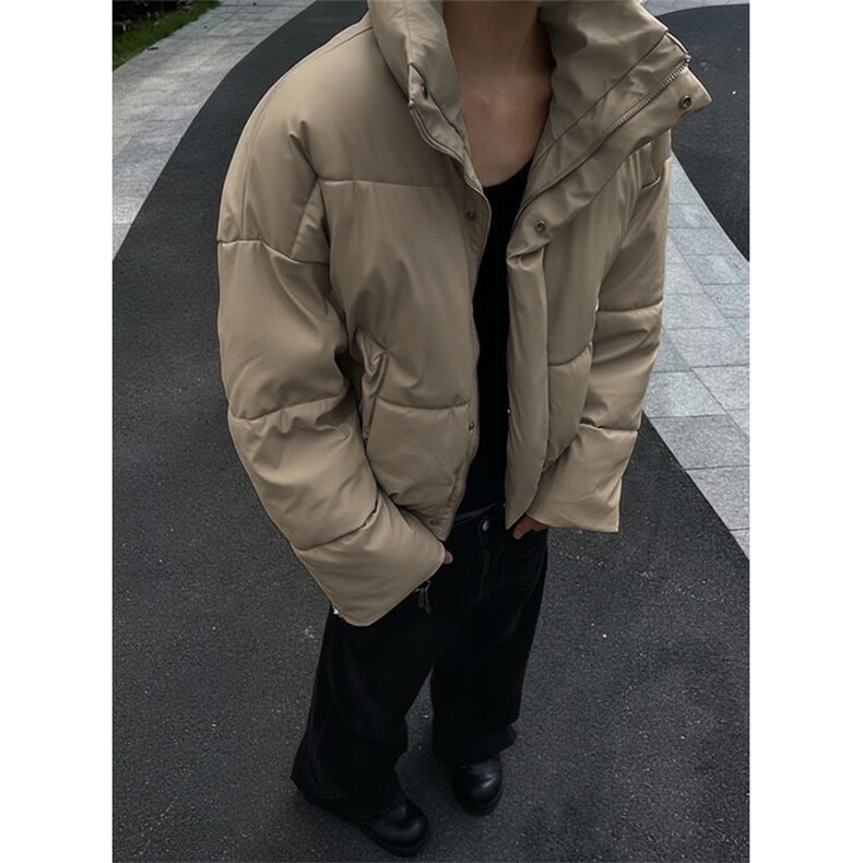 现货5W件冬季三防重磅硬挺boxy短款羽绒立领PU皮棉衣外套加厚棉服，男装棉衣，电商A486-1