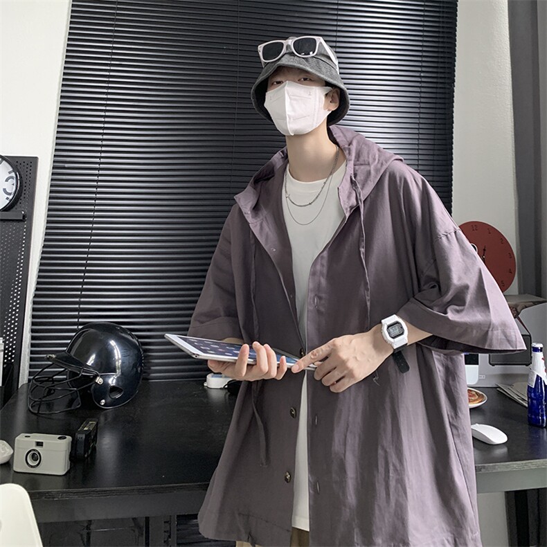 日系衬衫男连帽2023夏季新款ins纯色宽松百搭外套W3241-P35,男装夹克,星座512-2