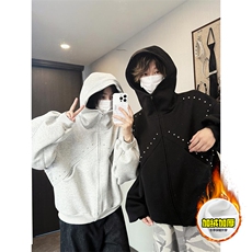 480G重磅加绒硬挺boxy男女秋冬美式高街卫衣铆钉拼接开衫厚外套，女装短外套，电商A486