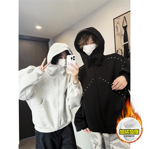 480G重磅加绒硬挺boxy 男女秋冬美式高街卫衣铆钉拼接开衫厚外套图片