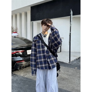 【有货】假两件连帽格子长袖衬衫外套男美式工装衬衣8159LL-特P50