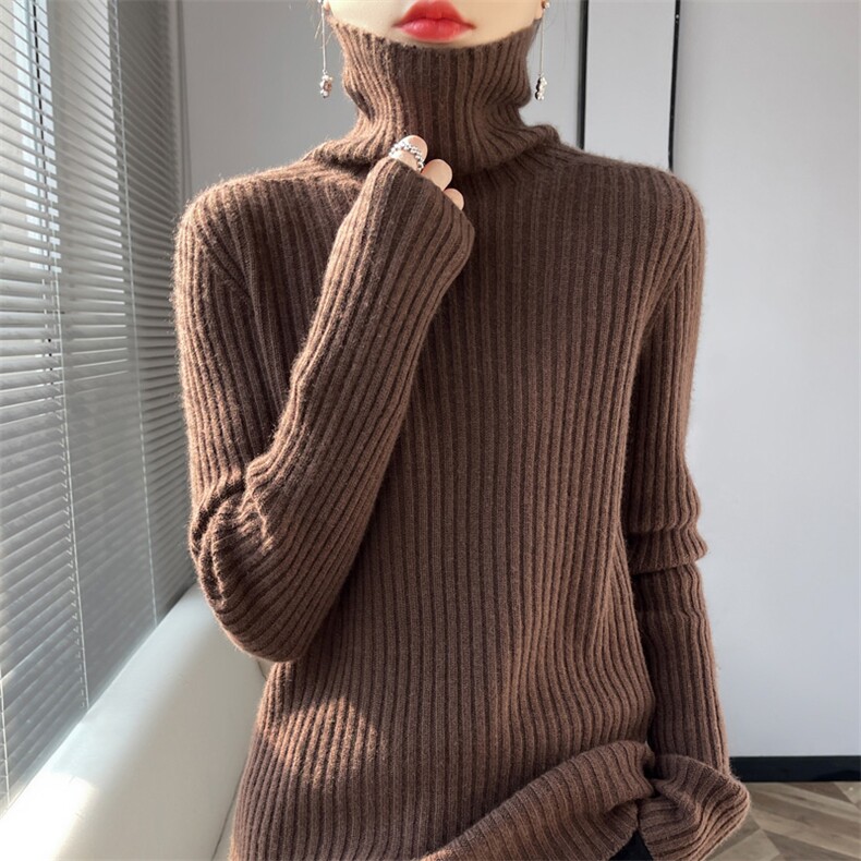 2024年秋冬新款羊毛衫女高领毛衣纯色坑条针织衫堆堆领打底衫,针织衫/毛衣,佳绒包芯纱店