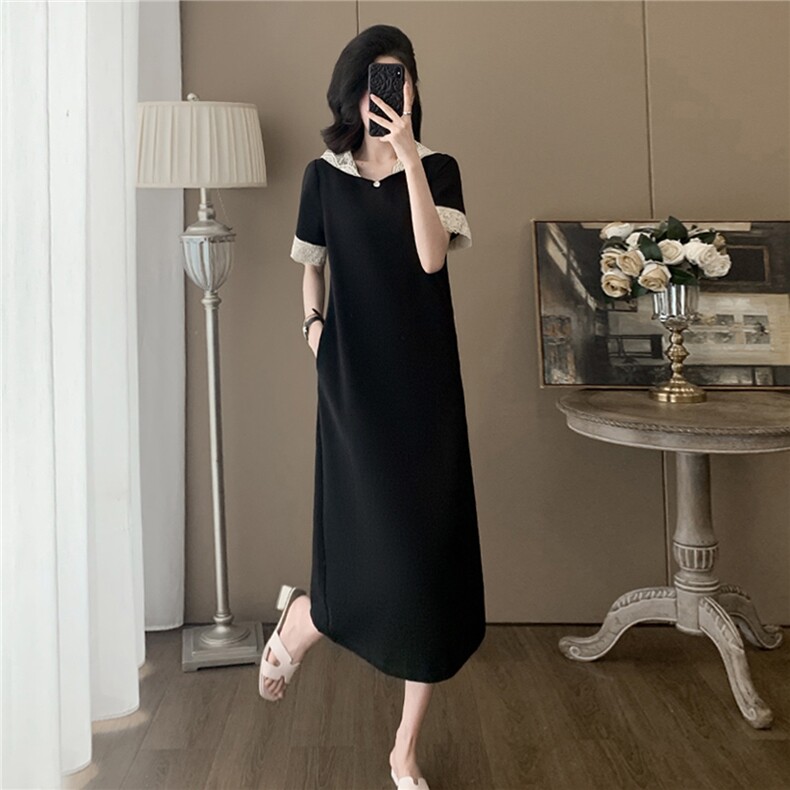高级感时尚连衣裙女夏新款洋气显瘦纯色蕾丝拼接连帽短袖休闲长裙,女装连衣裙,江南