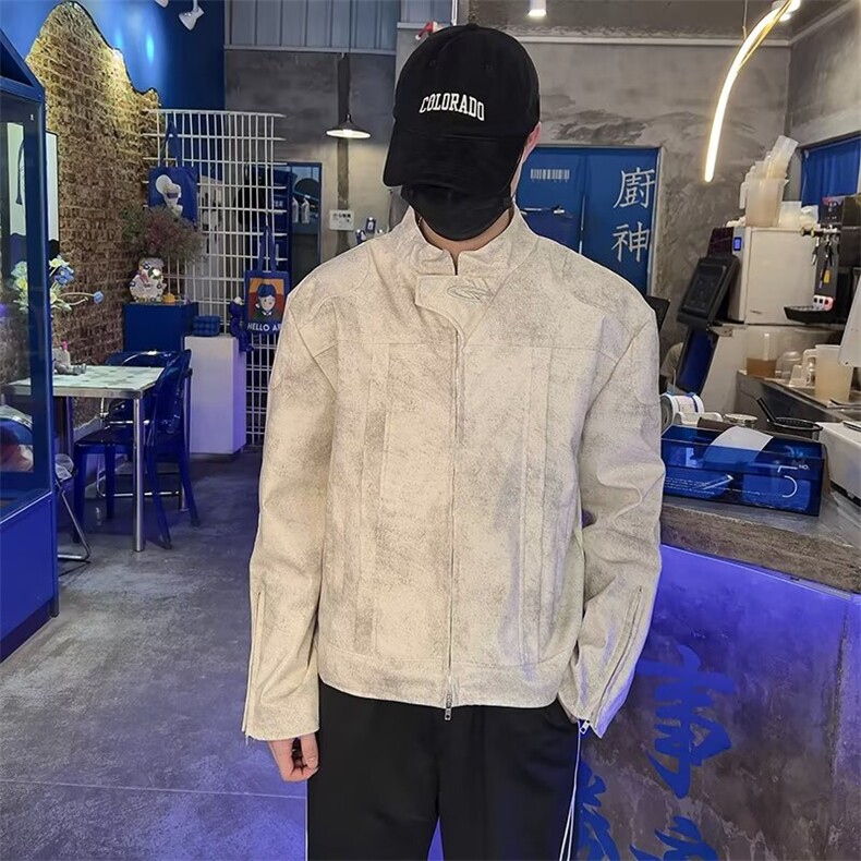 小众立领设计PU皮夹克男高级感垫肩机车外套短款皮衣PA139/P85,男装夹克,星座506