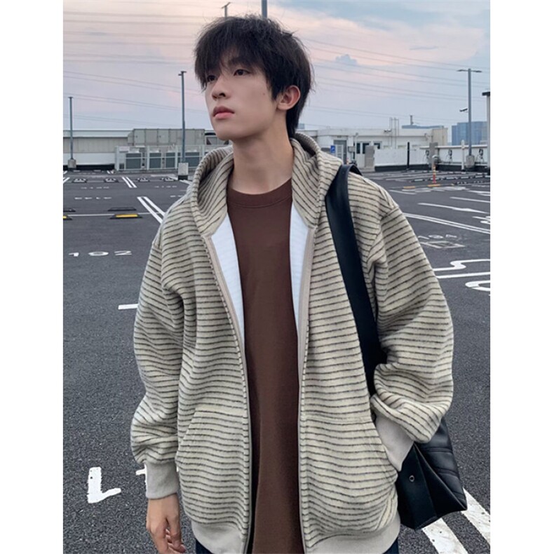 条纹连帽卫衣外套男女款秋早秋季穿搭开衫宽松慵懒风 W801图片