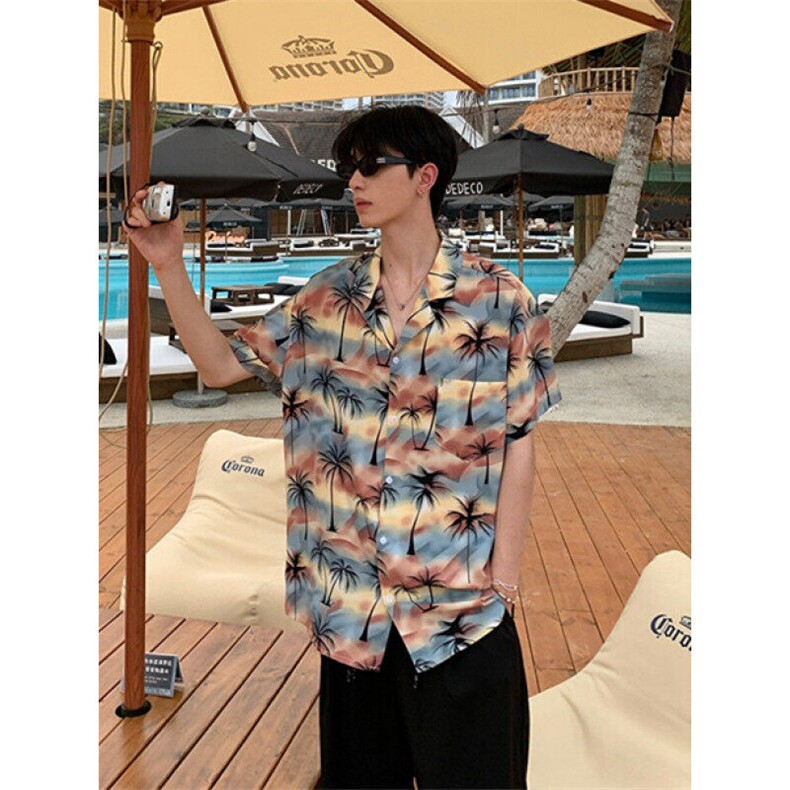 夏季复古古巴领碎花衬衫男女宽松港味夏威夷沙滩短袖衬衣C2402,男装衬衫,星座1116A（原606A-3）