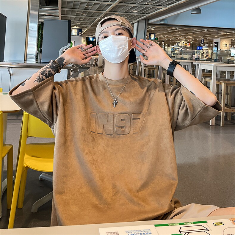 麂皮绒短袖t恤男夏季美式复古重磅钢印宽松情侣半袖潮D342P38,男装T恤,电商A335-1（原A458）