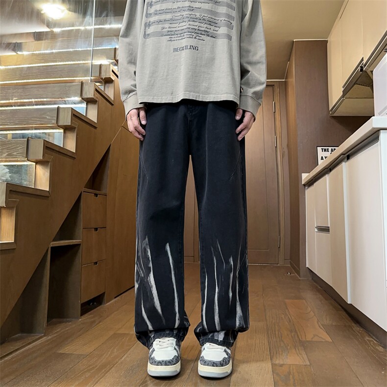 男士2026春季款牛仔裤水洗扎染美式vibe裤子宽松直筒裤J8082-P45,男装牛仔裤,星座509