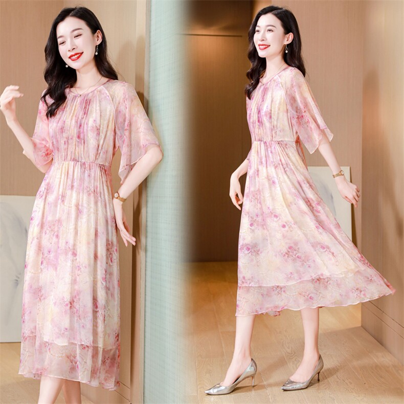 真丝连衣裙2025夏季新款大码女装衣服桑蚕丝高端精致气质碎花裙子,女装连衣裙,阿舍尔精品