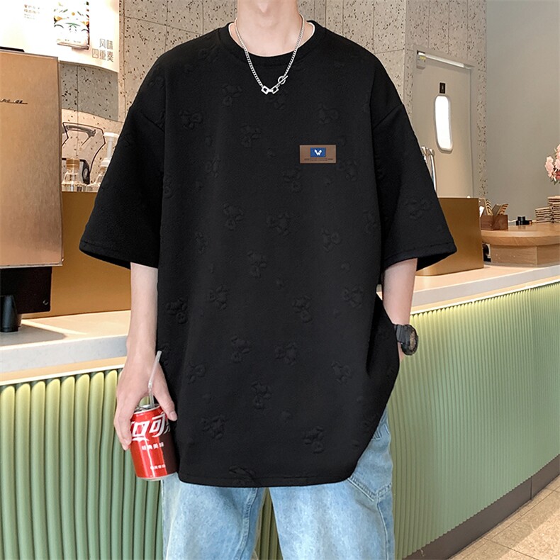 T903P35华夫格重磅350克小熊提花休闲高级感男士短袖T恤,男装T恤,电商A026-1