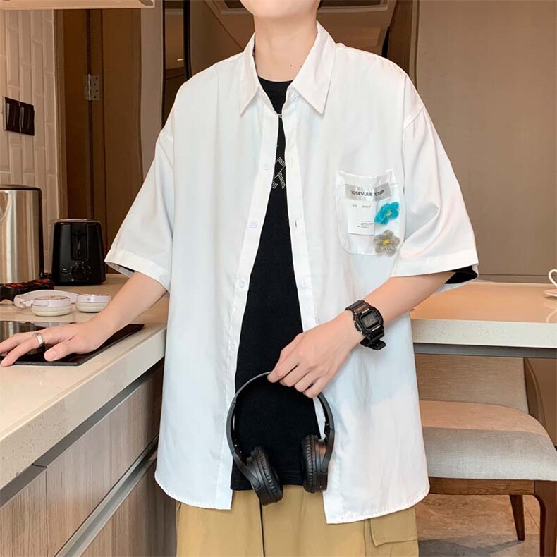 设计感新款衬衫男短袖ins带配饰衬衫2021宽松休闲外套W887-P28,男装衬衫,星座512-2