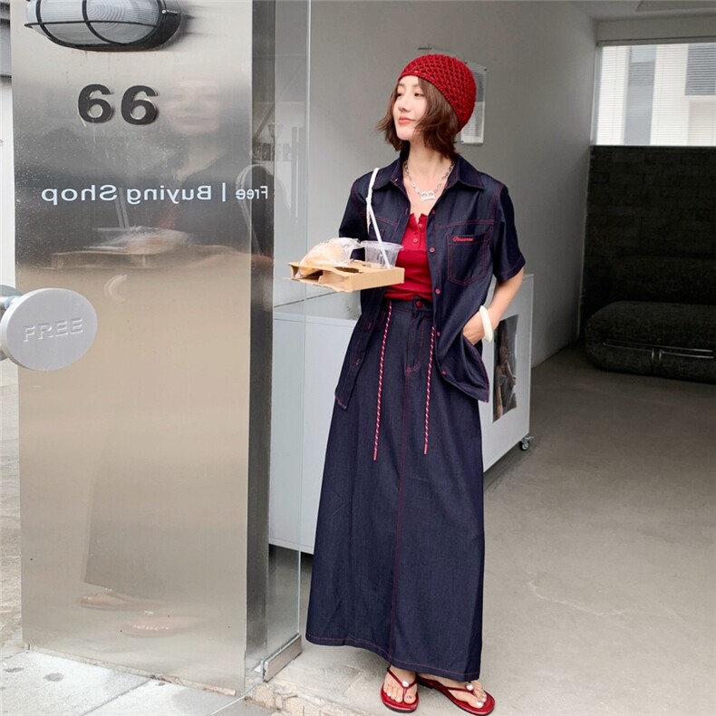 （新款现货）2026夏装短袖大版宽松明线天丝牛仔套装两件套,女装套装/套裙,印象茜