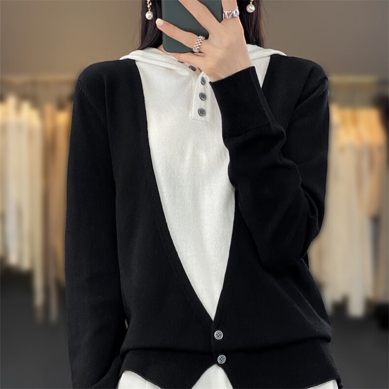 2025春季新款假两件连帽针织衫女士宽松显瘦套头帽衫卫衣羊毛上衣,针织衫/毛衣,雪真羊绒