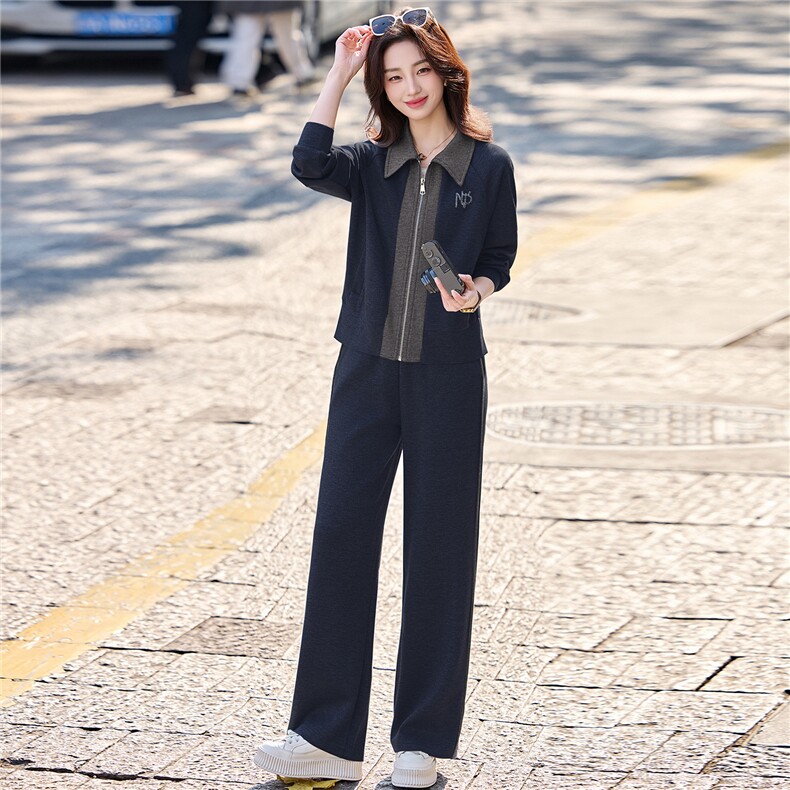 新款撞色翻领拉链开衫两件套（有）203P150,女装套装/套裙,乐衣轩