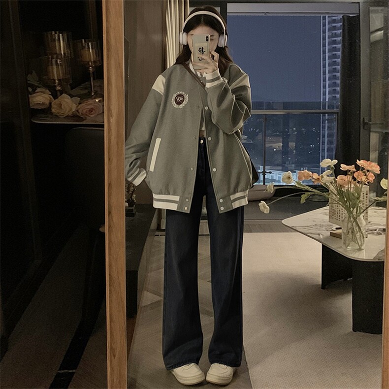 灰色复古学院风棒球服外套女秋新款设计感拼接休闲上衣C780-P100,女装短外套,星座911-2(原星座613-2）