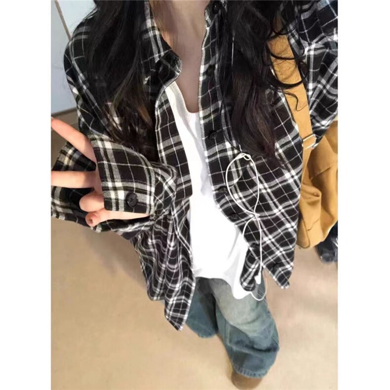 法式格子防晒衬衫女春夏季bf慵懒风衬衣外套设计感小众长袖上衣图片