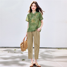 长期现货2026夏装新款时尚两件套装女提花新中式衬衫T小脚腿裤女，女装套装/套裙，璐依舞