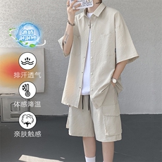 特批P55无差价夏季休闲百搭泡泡纱大码冰丝两件套套装男TZ5585，男装休闲套装，电商A001-1