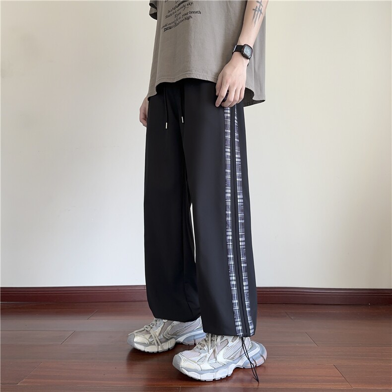 抖音品质春夏新款格子拼接宽松休闲冰丝裤B315-K25640-特p30控58,男装休闲裤,电商B315