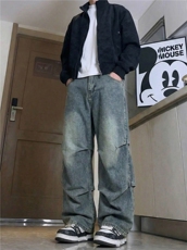 美式高街重工牛仔裤直筒宽松口袋工装裤裤男2025潮流新款休闲长裤，男装牛仔裤，星座302A-2