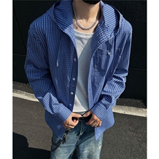 25夏季慵懒连帽休闲宽松弯刀袖薄防晒衣格纹连帽衬衫男H1072P68，男装衬衫，电商A341