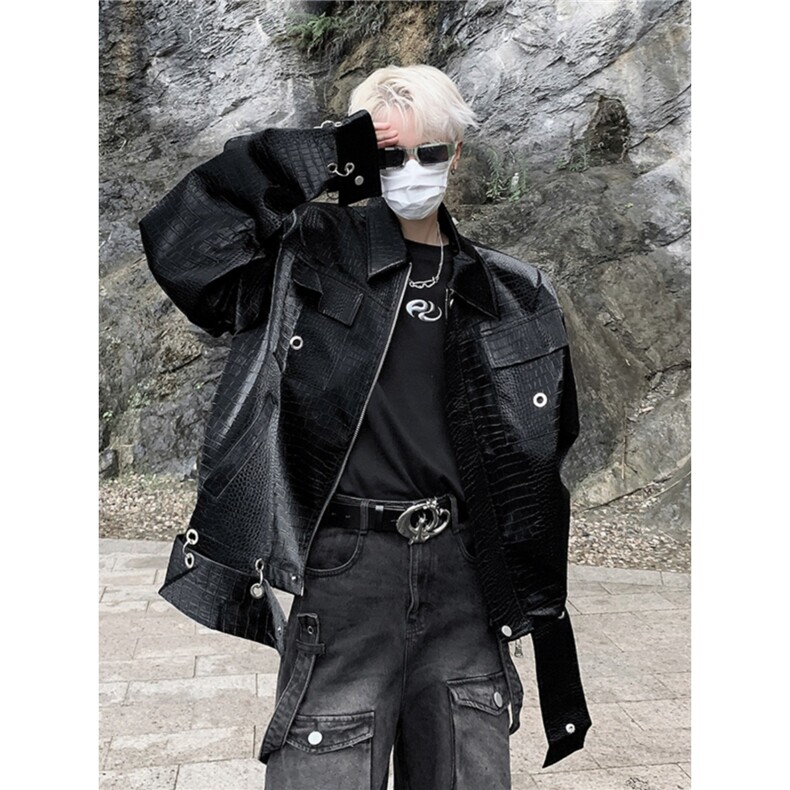 欧美高街vibe风鳄鱼皮衣外套男高级感秋季垫肩夹克痞帅美式机车服，男装夹克，星座506A